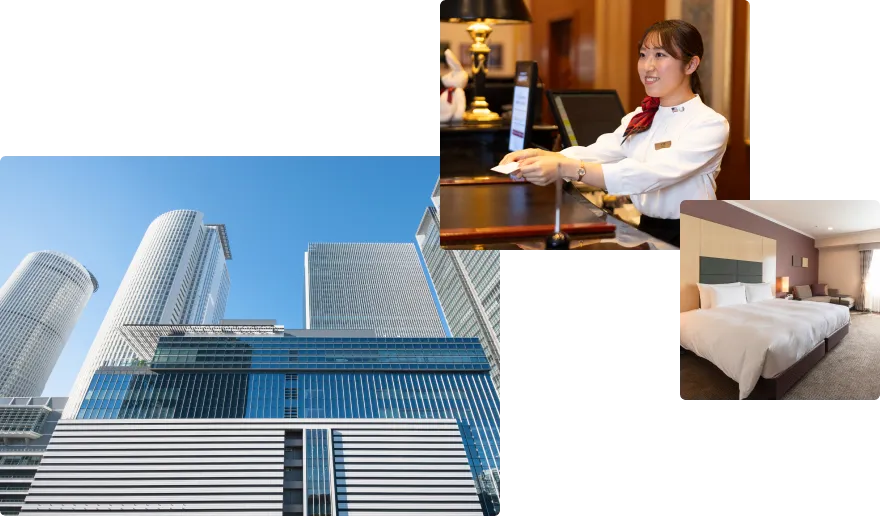 写真：ホテル外観、ホテルスタッフの女性、客室